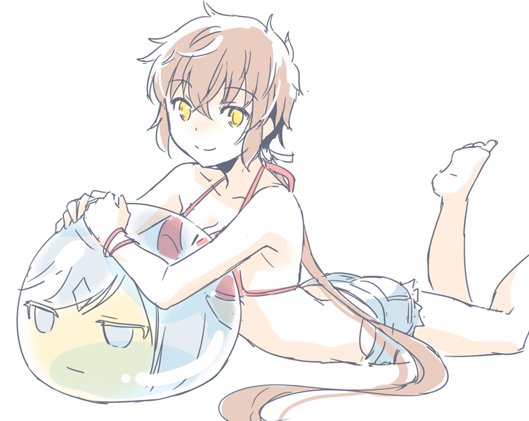 1girl, ass, ball, bare_shoulders, barefoot, bikini, blush, feather_hair