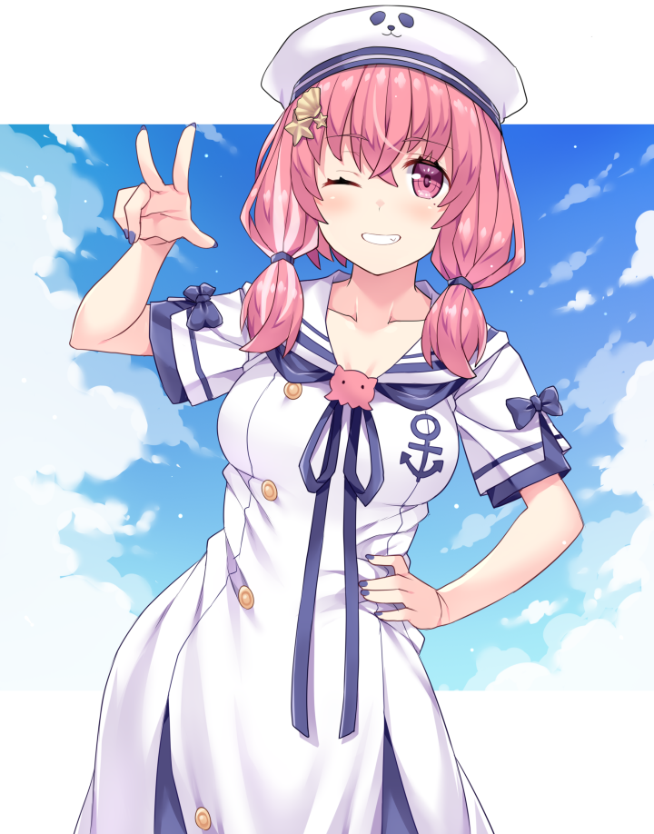 1girl, ;), amane_hasuhito, anchor_symbol, beret, blue_nails, blue_sky, breasts