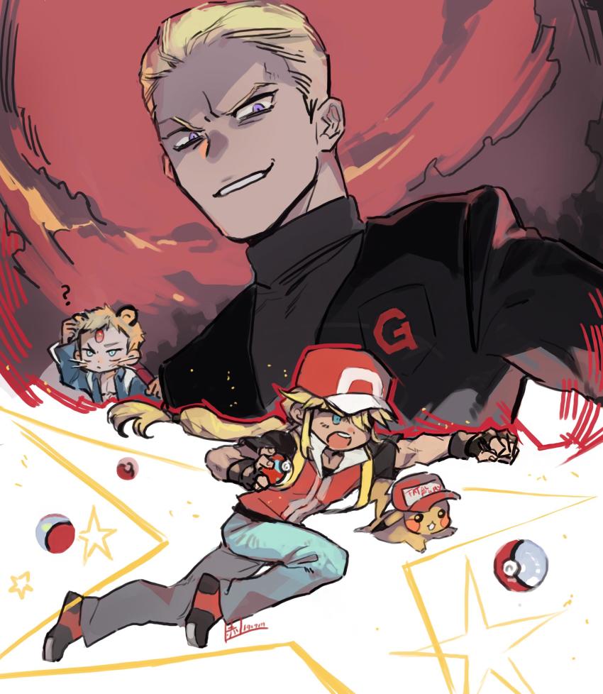 3boys, akame_(chokydaum), baseball_cap, billy_kane, blonde_hair, blue_eyes, blush, cosplay