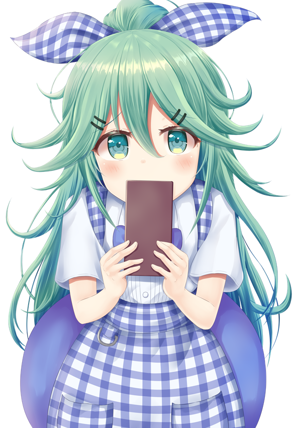 1girl, alternate_costume, apron, blue_apron, blue_ribbon, blush, female_focus, gingham_apron