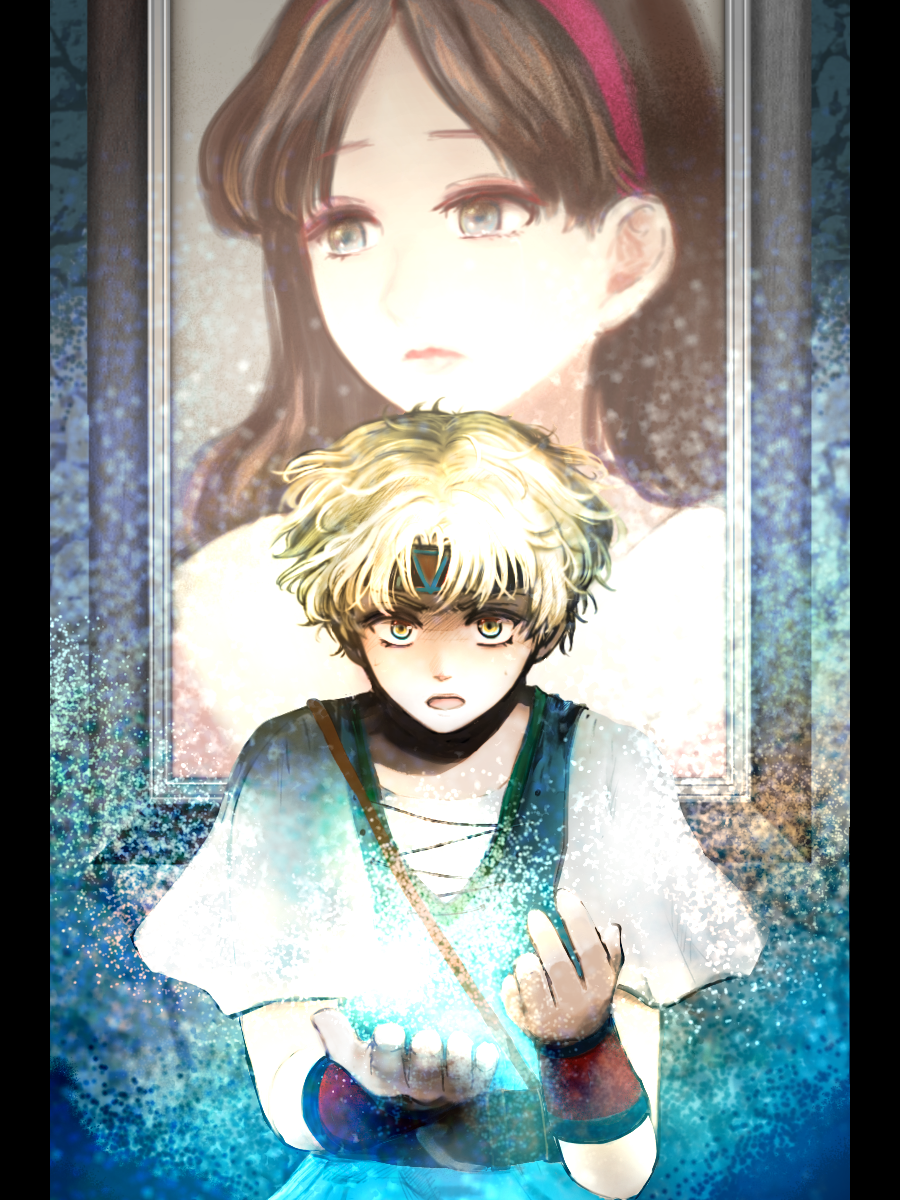 1boy, 1girl, :o, belt, blonde_hair, brown_hair, gaia_gensouki, ginga1015