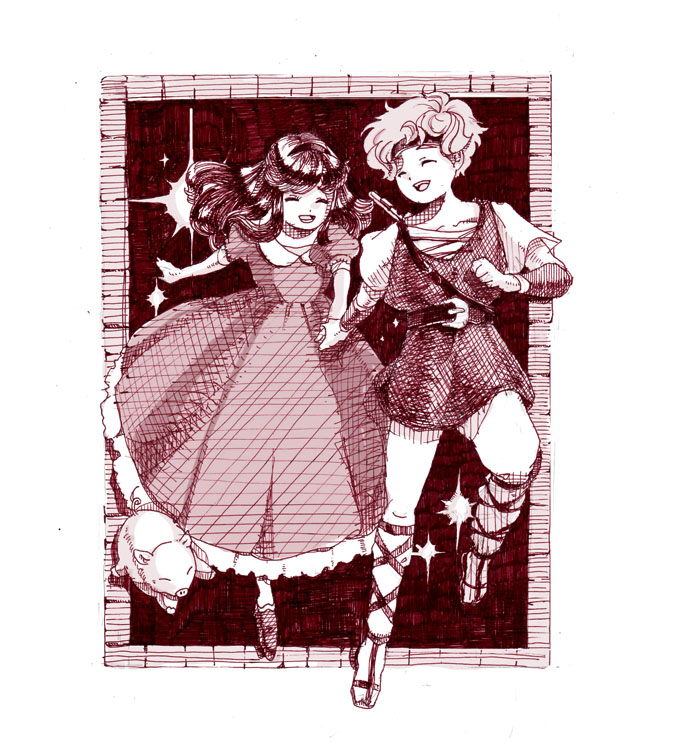 1boy, 1girl, :d, arm_warmers, ballpoint_pen_(medium), belt, closed_eyes, dress