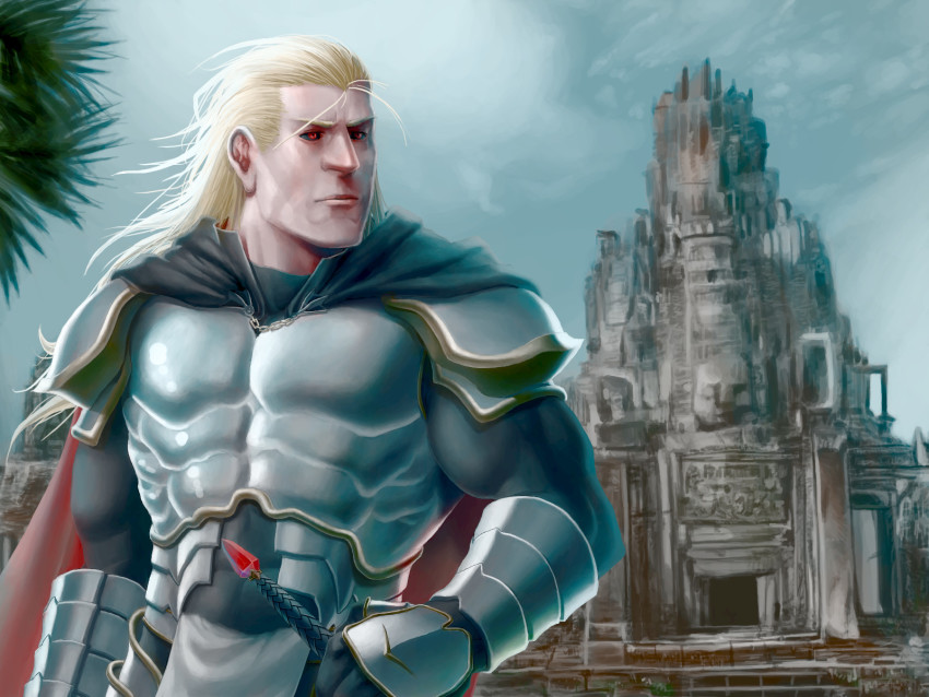 1boy, algorithmus, armor, black_cape, black_sclera, blonde_hair, cape, colored_sclera, freedan_(gaia_gensouki), gaia_gensouki, gauntlets, highres, holding, holding_sword, holding_weapon, long_hair, male_focus, muscular, outdoors, red_eyes, solo, standing, sword, temple, weapon