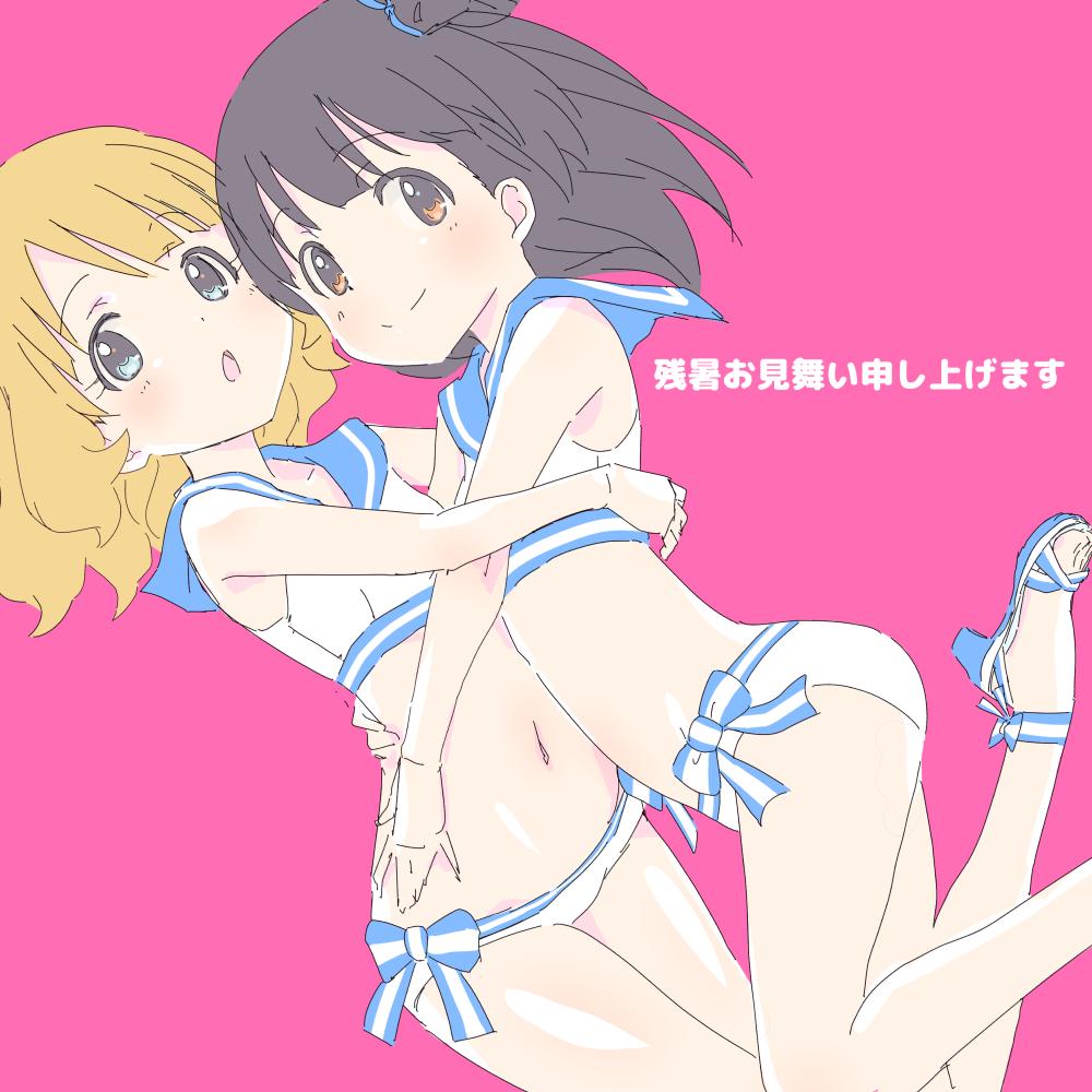2girls, bad_id, bad_twitter_id, bikini, black_hair, blonde_hair, blue_eyes, brown_eyes