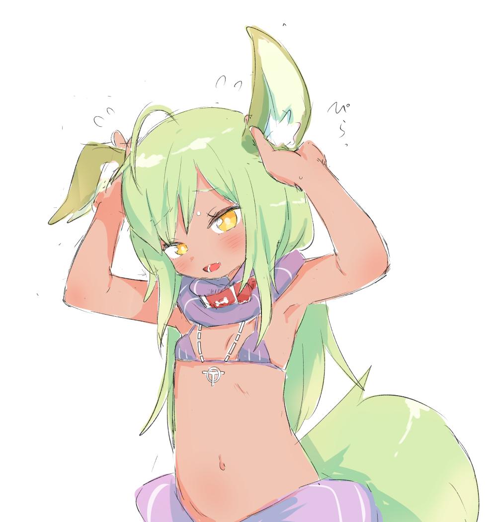 1girl, ahoge, animal_ears, babalilo, bikini, bikini_top_only, blonde_hair, blush, collar, dark-skinned_female, dark_skin, dog_ears, dog_tail, ear_lift, female_focus, jewelry, long_hair, midriff, navel, necklace, original, simple_background, solo, swimsuit, tail, titi_(babalilo), white_background