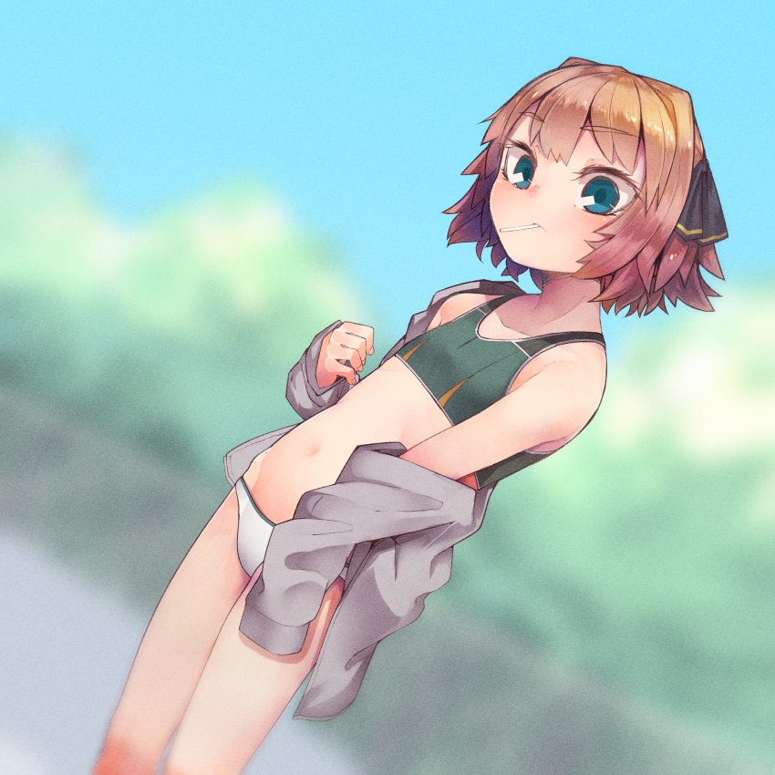 1girl, adapted_costume, bikini, bikini_bottom_only, black_ribbon, blue_sky, brown_hair, candy, cloud, commentary_request, cowboy_shot, day, dutch_angle, female_focus, flat_chest, food, green_eyes, grey_jacket, groin, hachijou_(kancolle), hair_ribbon, highres, jacket, kantai_collection, lollipop, looking_at_viewer, mismatched_bikini, mouth_hold, open_clothes, open_jacket, outdoors, ribbon, short_hair, sky, solo, standing, swimsuit, tsuzuri_(tu-san_house), white_bikini