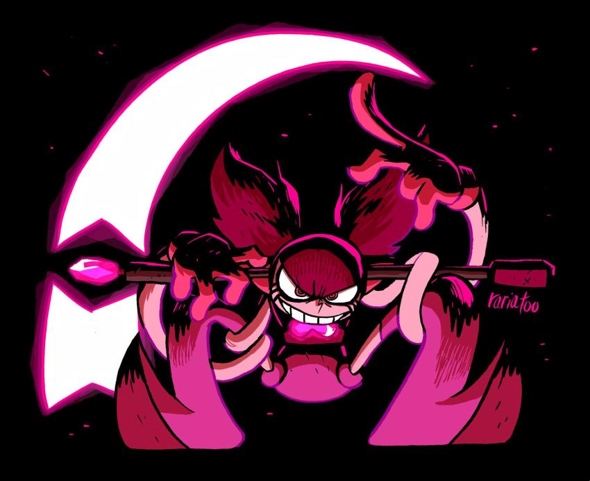 1girl, @_@, black_background, boots, chest_jewel, colored_skin, evil_smile, extendable_limbs