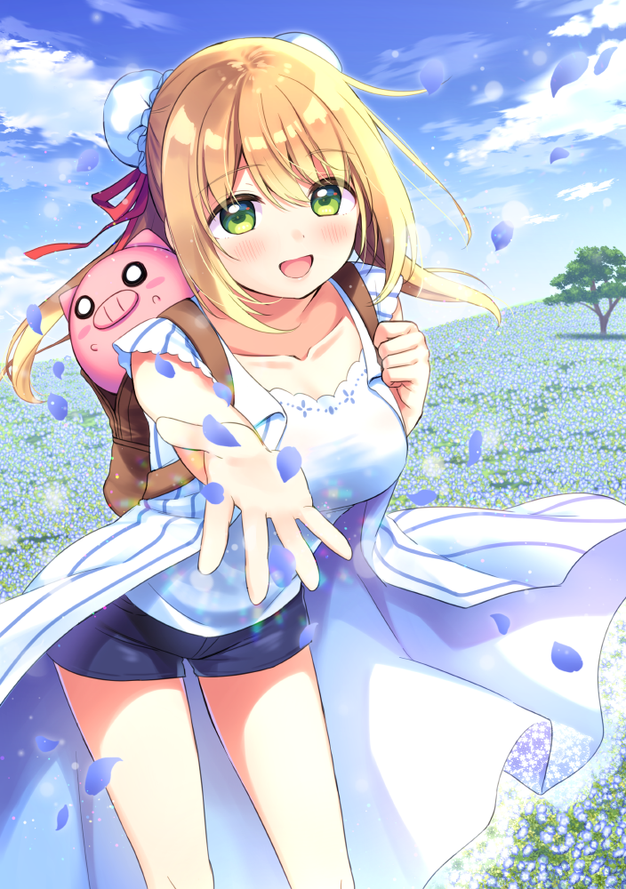 1girl, anzu_(sumisaki_yuzuna), bad_id, bad_pixiv_id, blonde_hair, blue_petals, blush, breasts