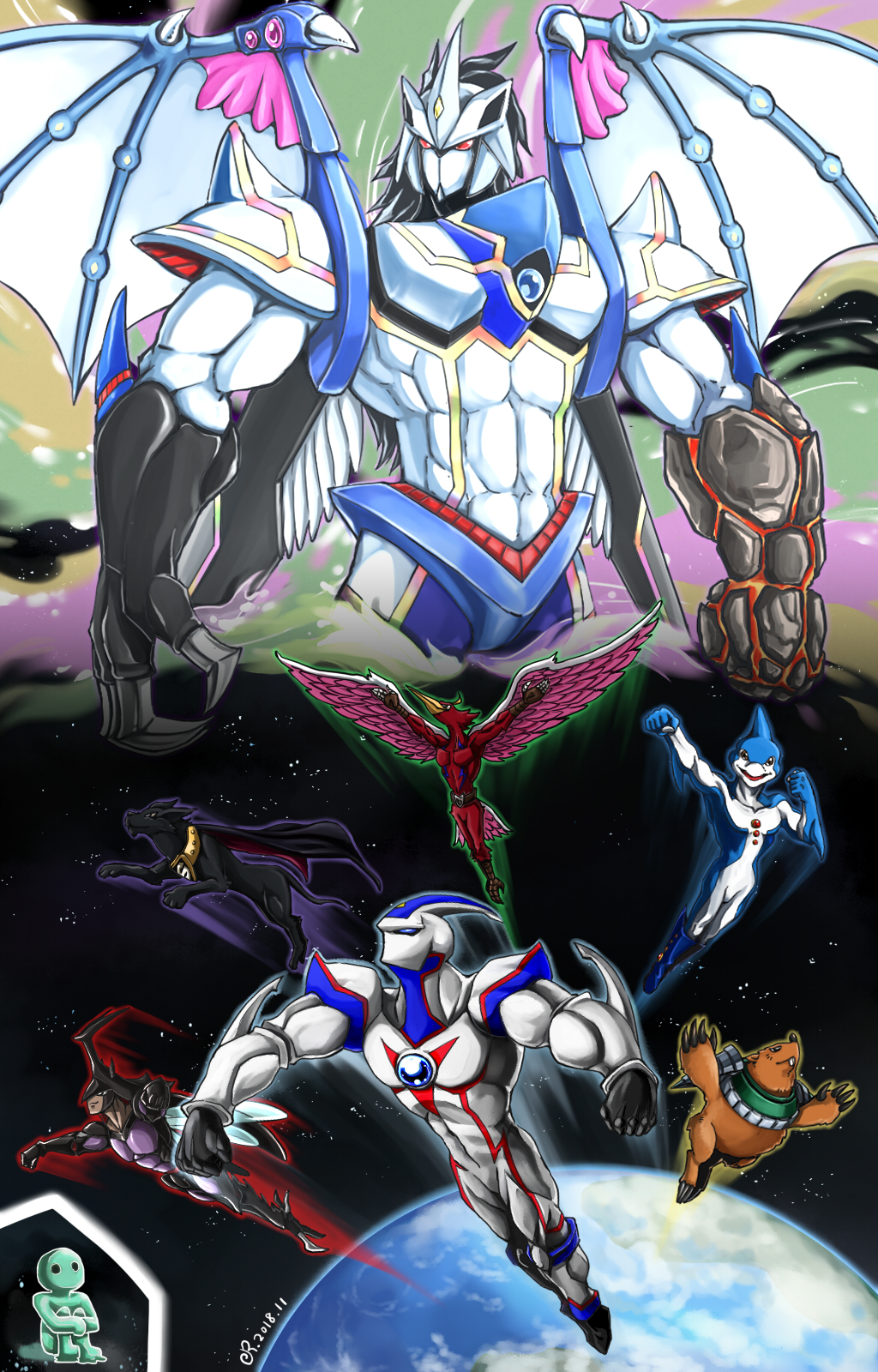 2018, 5boys, abs, alien, commentary, drill, duel_monster, earth_(planet)