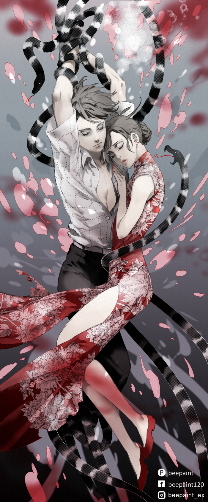 arms_up, artist_name, beepaint, belt, black_background, black_hair, china_dress, chinese_clothes, closed_eyes, devotion, dress, du_fengyu, earrings, facing_viewer, floral_print, gong_lifang, gradient_background, grey_background, hair_bun, highres, hug, husband_and_wife, jewelry, nail_polish, open_mouth, red_footwear, red_nails, shirt, shoes, single_hair_bun, snake, stud_earrings, underwater, watermark, white_shirt