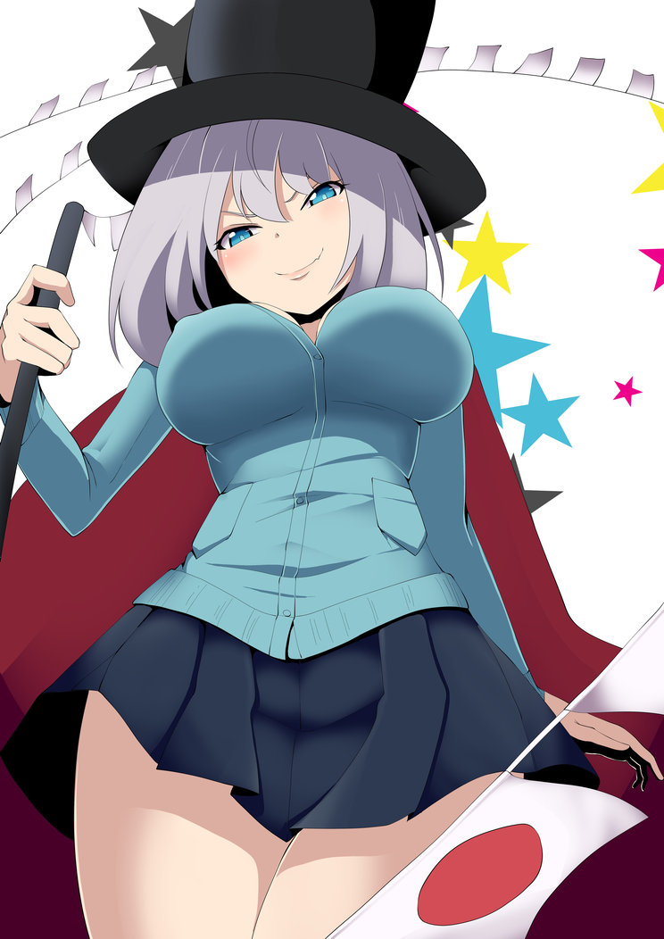 1girl, arm_at_side, black_hat, blue_cardigan, blue_eyes, blush, breasts, buttons, cane, cape, cardigan, closed_mouth, covered_erect_nipples, cowboy_shot, fang, female_focus, from_below, hair_between_eyes, hand_up, hat, holding, holding_cane, japanese_flag, large_breasts, legs_together, lips, looking_at_viewer, looking_down, maguro_(fufu), miniskirt, pleated_skirt, pocket, purple_hair, short_hair, skin_fang, skirt, smile, solo, standing, star_(symbol), star_symbol_background, tejina_senpai, tejina_senpai_(series), thighs, top_hat, v-shaped_eyebrows, white_background