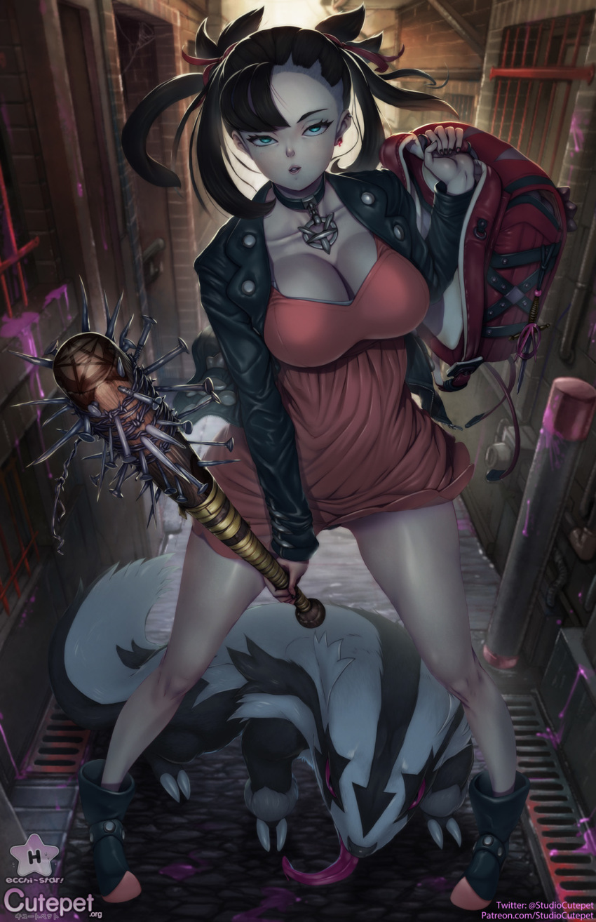 1girl, alley, aqua_eyes, asymmetrical_bangs, backpack, bag, baseball_bat, black_jacket