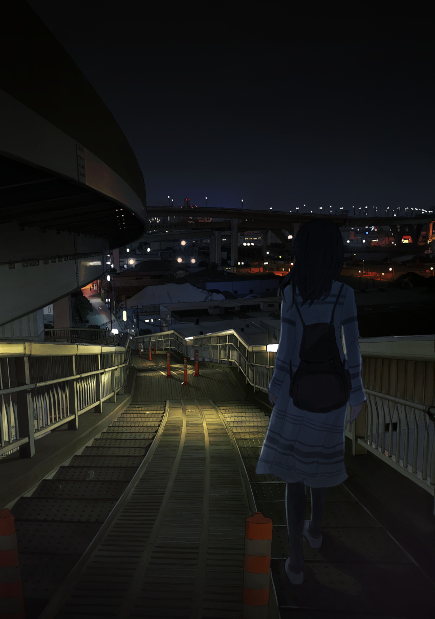 1girl, arms_at_sides, backpack, bag, black_hair, black_pantyhose, bridge, city