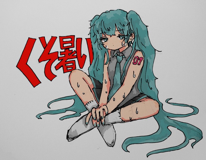 1girl, aqua_eyes, aqua_hair, aqua_nails, aqua_necktie, black_skirt, collared_shirt, female_focus, full_body, grey_background, grey_shirt, hatsune_miku, highres, indian_style, long_hair, looking_at_viewer, nail_polish, necktie, nervous_sweating, pleated_skirt, sakura_szm, shirt, simple_background, sitting, skirt, sleeveless, socks, solo, sweat, translated, twintails, very_long_hair, vocaloid