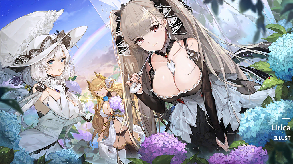 3girls, artist_name, azur_lane, bare_shoulders, between_breasts, black_dress, blonde_hair, blue_eyes
