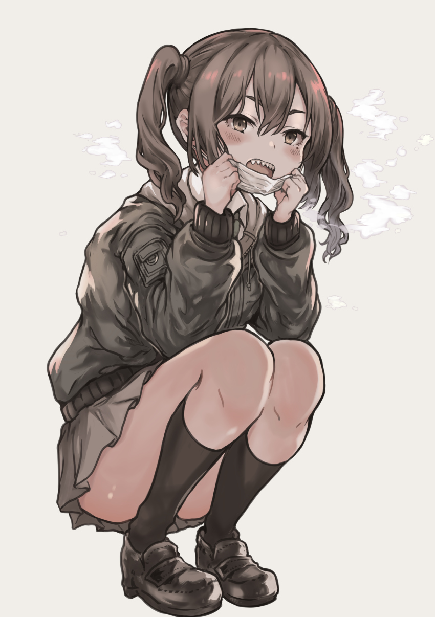 1girl, absurdres, black_socks, blush, breath, brown_hair, brown_jacket, brown_skirt