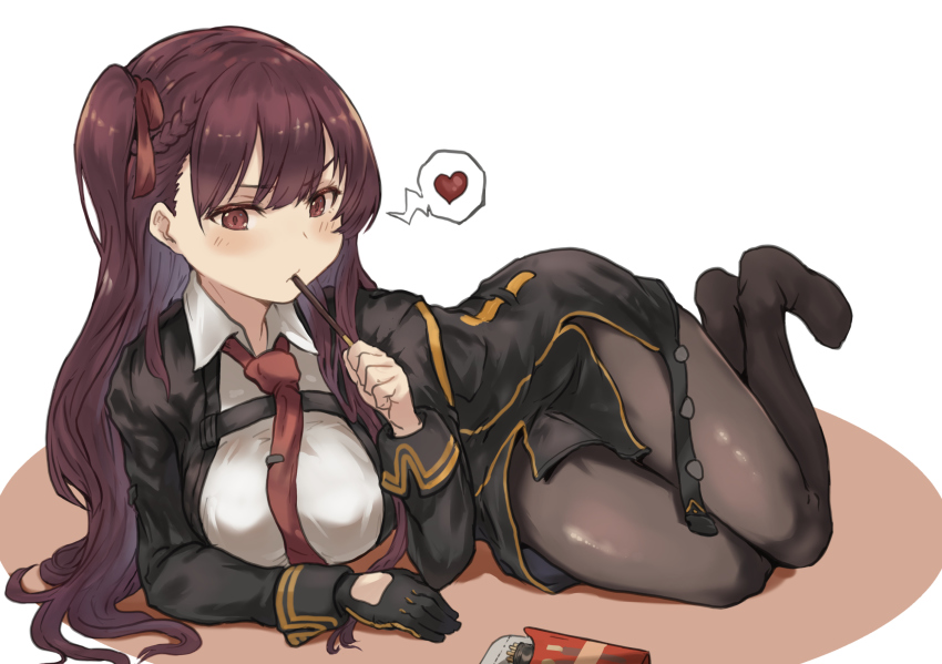 1girl, black_pantyhose, blush, breasts, eating, female_focus, food, girls'_frontline