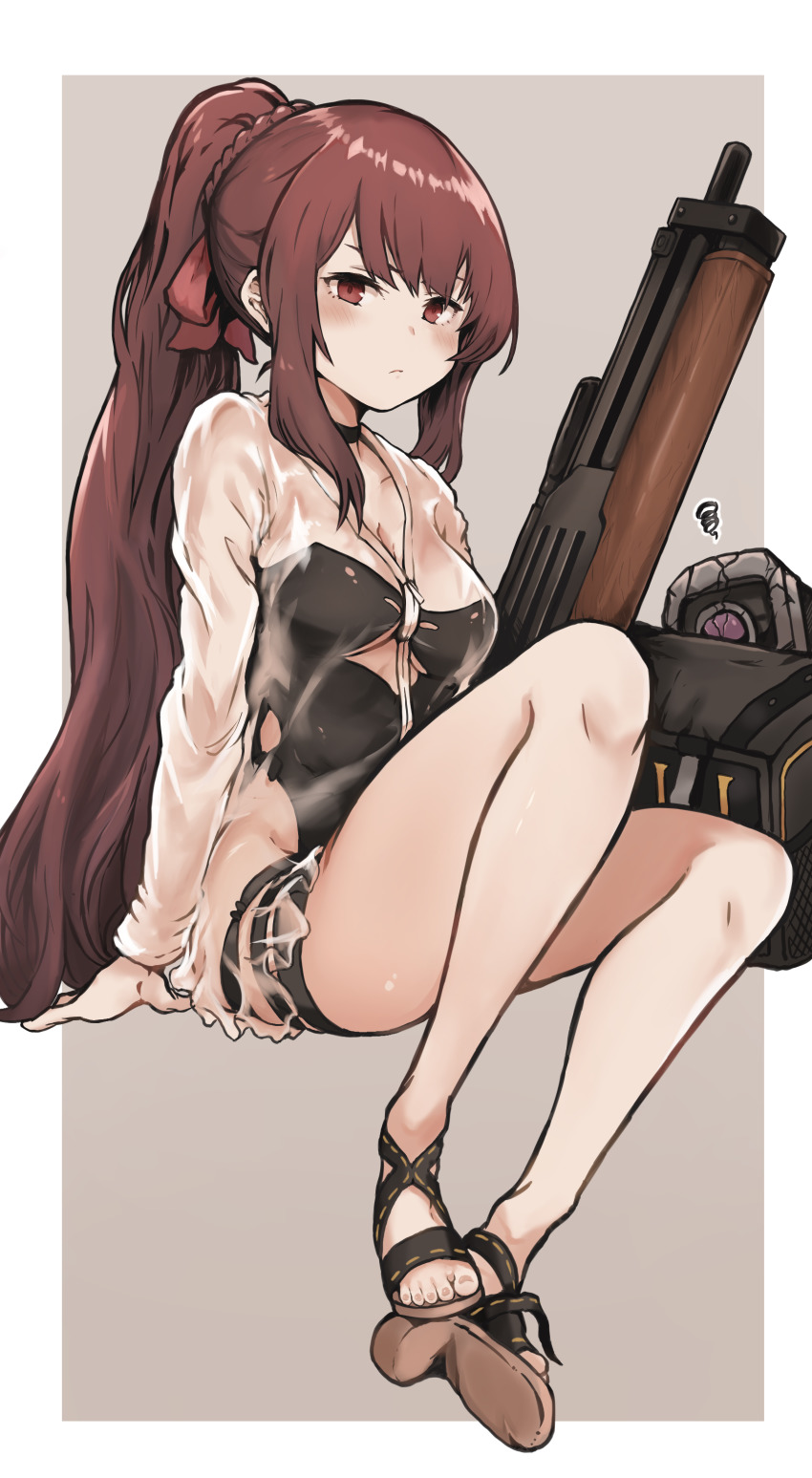 1girl, absurdres, bag, black_one-piece_swimsuit, blush, braid, breasts, bullpup, choker, cleavage, closed_mouth, dinergate_(girls'_frontline), female_focus, girls'_frontline, gun, hair_ribbon, highres, kintsuba_(garapagosukkk), long_hair, long_sleeves, official_alternate_costume, one-piece_swimsuit, ponytail, purple_hair, red_eyes, red_ribbon, ribbon, rifle, sandals, see-through_clothes, sidelocks, simple_background, sitting, sniper_rifle, solo, squiggle, swimsuit, swimsuit_under_clothes, wa2000_(girls'_frontline), wa2000_(op._manta_ray)_(girls'_frontline), walther, walther_wa_2000, weapon, wet, wet_clothes