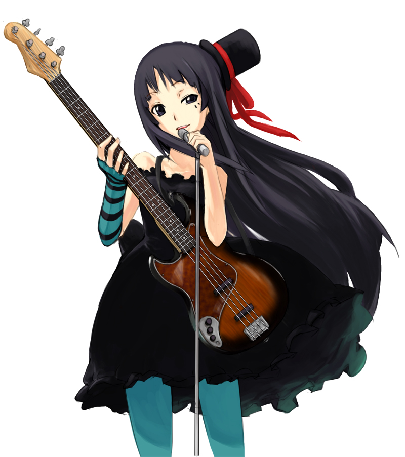 00s, 1girl, akiyama_mio, bass_guitar, black_hair, blue_eyes, blue_pantyhose, blunt_bangs