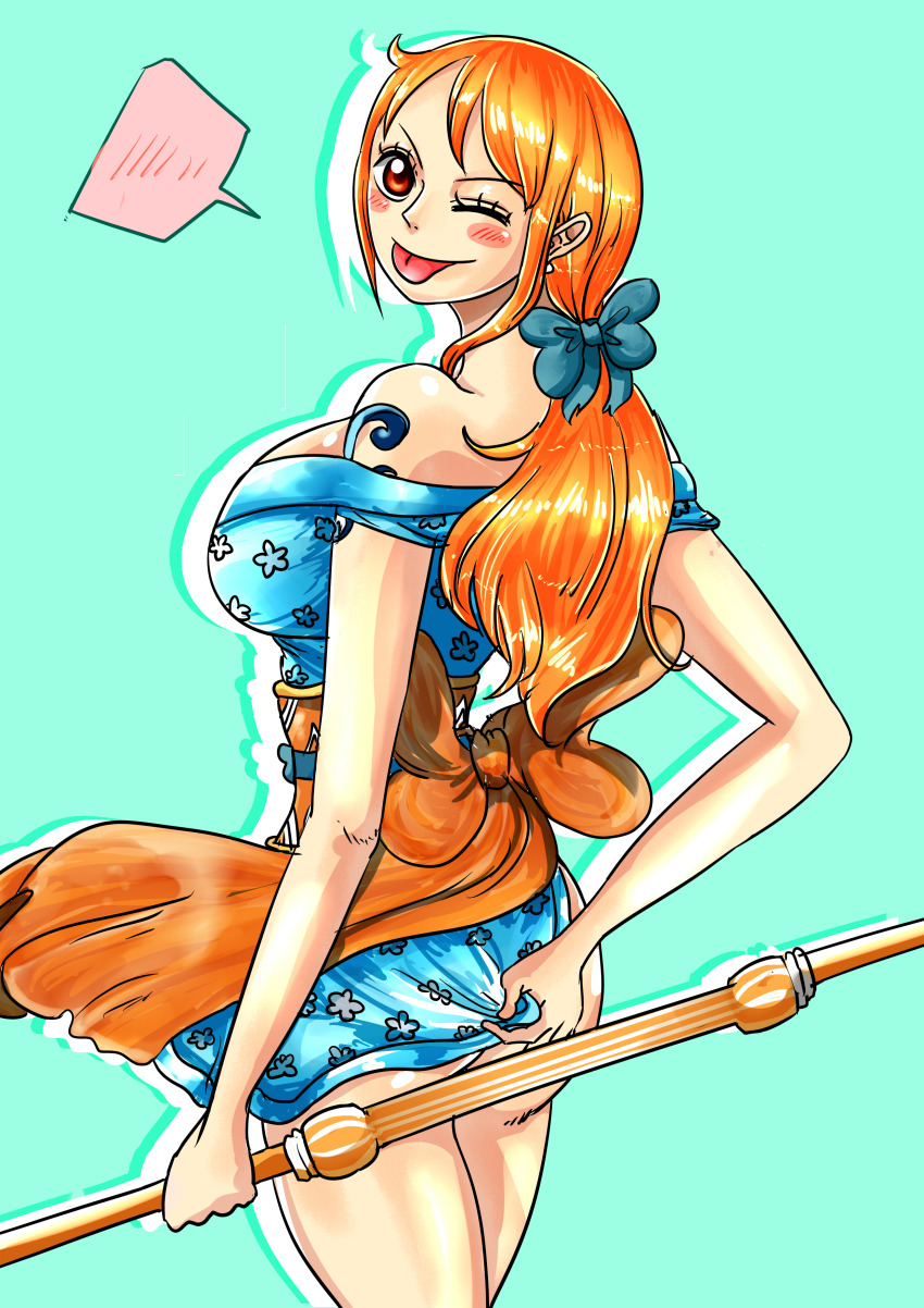 1girl, absurdres, bare_shoulders, breasts, clima-tact, covering_ass, covering_privates, female_focus, highres, japanese_clothes, kimono, large_breasts, long_hair, looking_at_viewer, nami_(one_piece), nami_(one_piece)_(wano), one_eye_closed, one_piece, orange_eyes, orange_hair, ribbon, samanta95, short_kimono, sideboob, smile, solo, tattoo, tongue, tongue_out, wavy_hair, wink