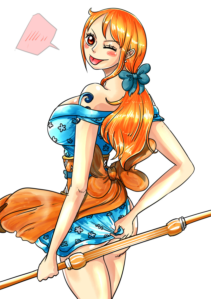 1girl, absurdres, bare_shoulders, breasts, clima-tact, covering_ass, covering_privates, female_focus, highres, japanese_clothes, kimono, large_breasts, long_hair, looking_at_viewer, nami_(one_piece), nami_(one_piece)_(wano), one_eye_closed, one_piece, orange_eyes, orange_hair, ribbon, samanta95, short_kimono, sideboob, simple_background, smile, solo, tattoo, tongue, tongue_out, wavy_hair, white_background, wink