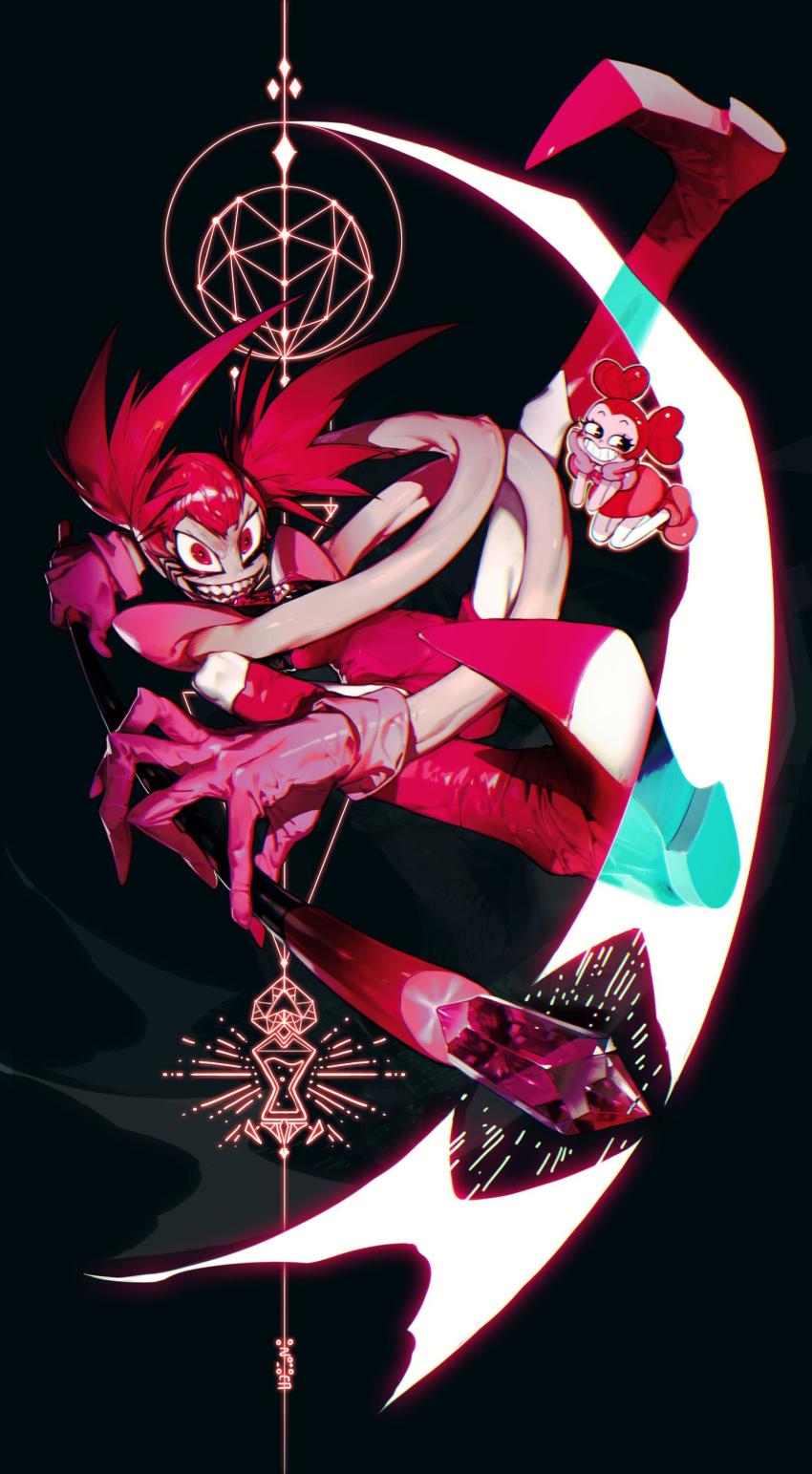 1girl, @_@, absurdres, boots, chest_jewel, chibi, colored_skin, crazy_eyes