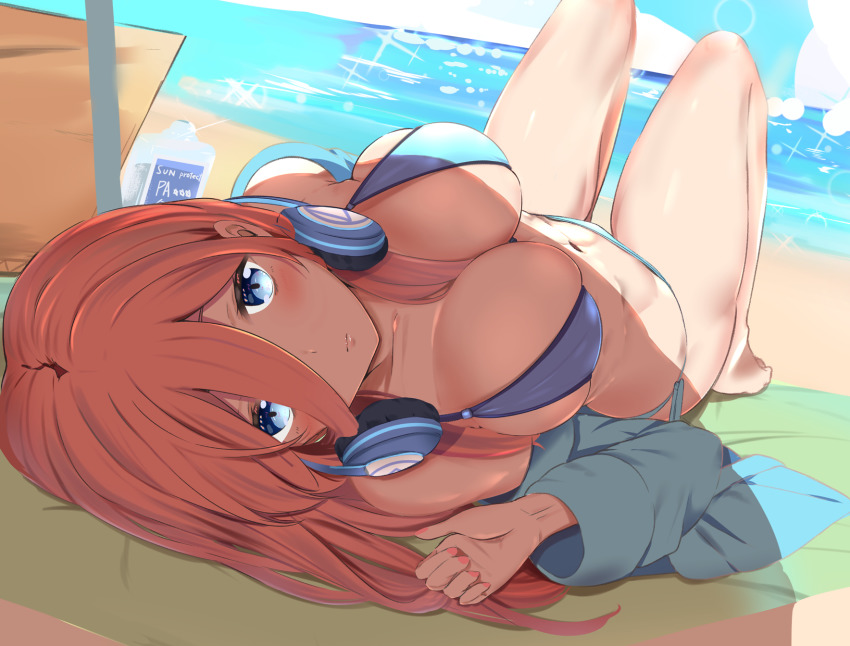 1girl, bare_shoulders, beach, bikini, blanket, blue_bikini, blue_eyes, blue_sky