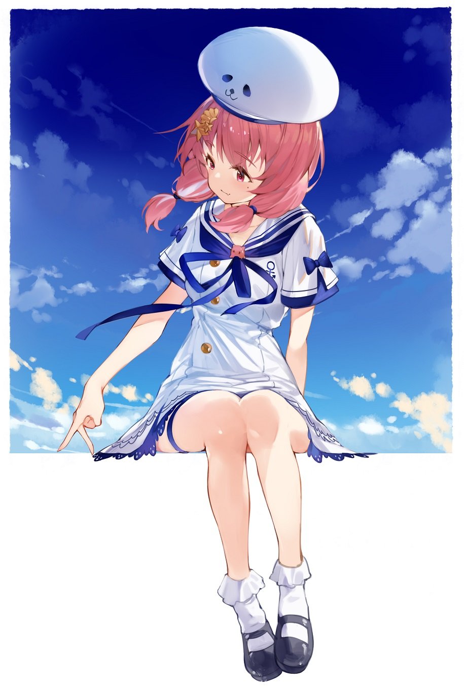 1girl, black_footwear, blue_sky, blush, closed_mouth, collarbone, commentary, day, dress, fang, fang_out, female_focus, full_body, hair_between_eyes, hair_ornament, hana_mori, hat, highres, mole, mole_under_eye, nijisanji, outdoors, panda_hat, pink_eyes, pink_hair, sailor_collar, sailor_dress, sasaki_saku, sasaki_saku_(3rd_costume), shell, shell_hair_ornament, short_hair, short_sleeves, sitting, skin_fang, sky, smile, socks, solo, star_(symbol), star_hair_ornament, thick_eyebrows, virtual_youtuber, white_dress, white_hat, white_socks