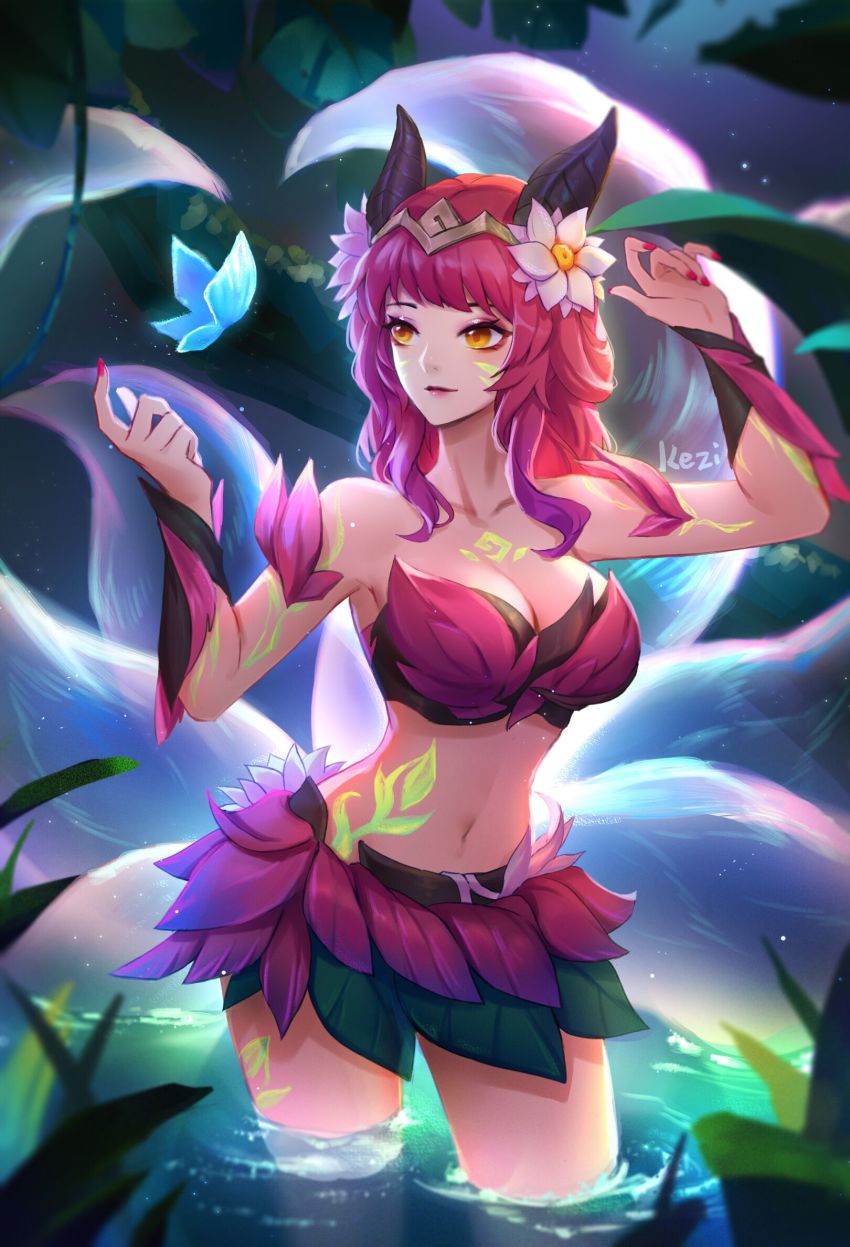 1girl, ahri_(league_of_legends), alternate_costume, alternate_hair_color, artist_name, breasts, bug, butterfly, circlet, cleavage, elderwood_ahri, facial_mark, female_focus, flower, hair_flower, hair_ornament, highres, horns, insect, kezi, large_breasts, league_of_legends, long_hair, nail_polish, navel, outdoors, pink_hair, pink_nails, solo, standing, tattoo, wading, whisker_markings, yellow_eyes