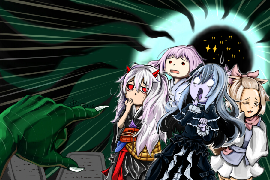 +_+, 4girls, ash_blossom_&amp;_joyous_spring, belt, blank_eyes, blank_stare, bow, brown_eyes