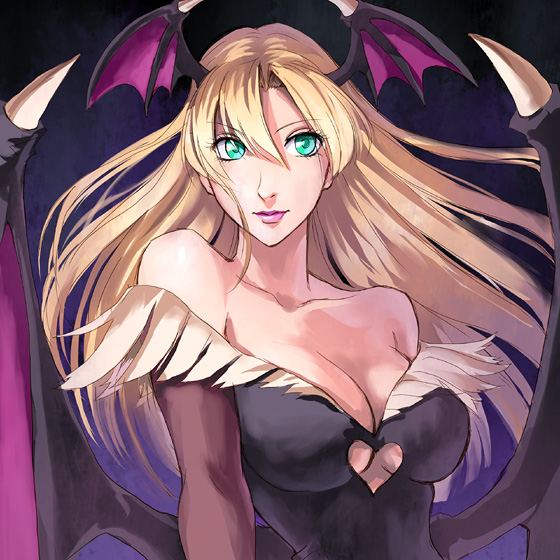 1girl, akito, aqua_eyes, bad_id, bad_pixiv_id, bare_shoulders, bat_wings, blonde_hair, breasts, capcom, cleavage, darkstalkers, demon_girl, detached_sleeves, elbow_gloves, female_focus, gloves, green_eyes, head_wings, large_breasts, lips, lipstick, long_hair, makeup, morrigan_aensland, solo, wings