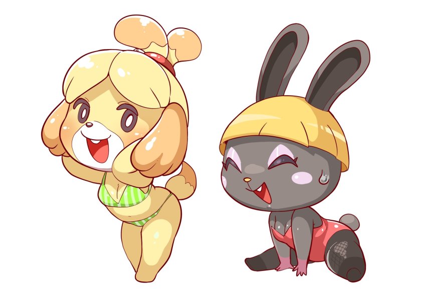 2girls, animal_crossing, bikini, black_eyes, blonde_hair, bonbon_(animal_crossing), bowl_cut, furry, highres, isabelle_(animal_crossing), multiple_girls, nintendo, short_hair, swimsuit, tory_(tory29)