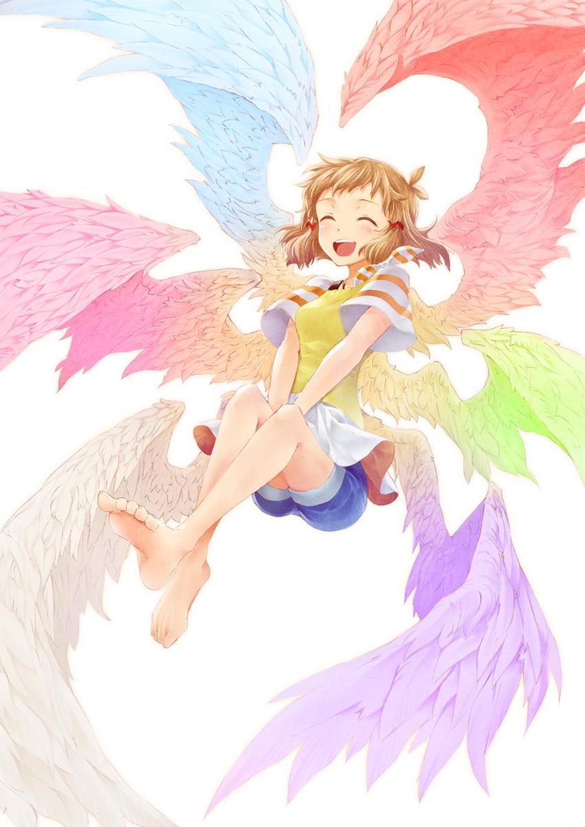 1girl, ^_^, angel_wings, bad_id, bad_twitter_id, barefoot, closed_eyes, full_body
