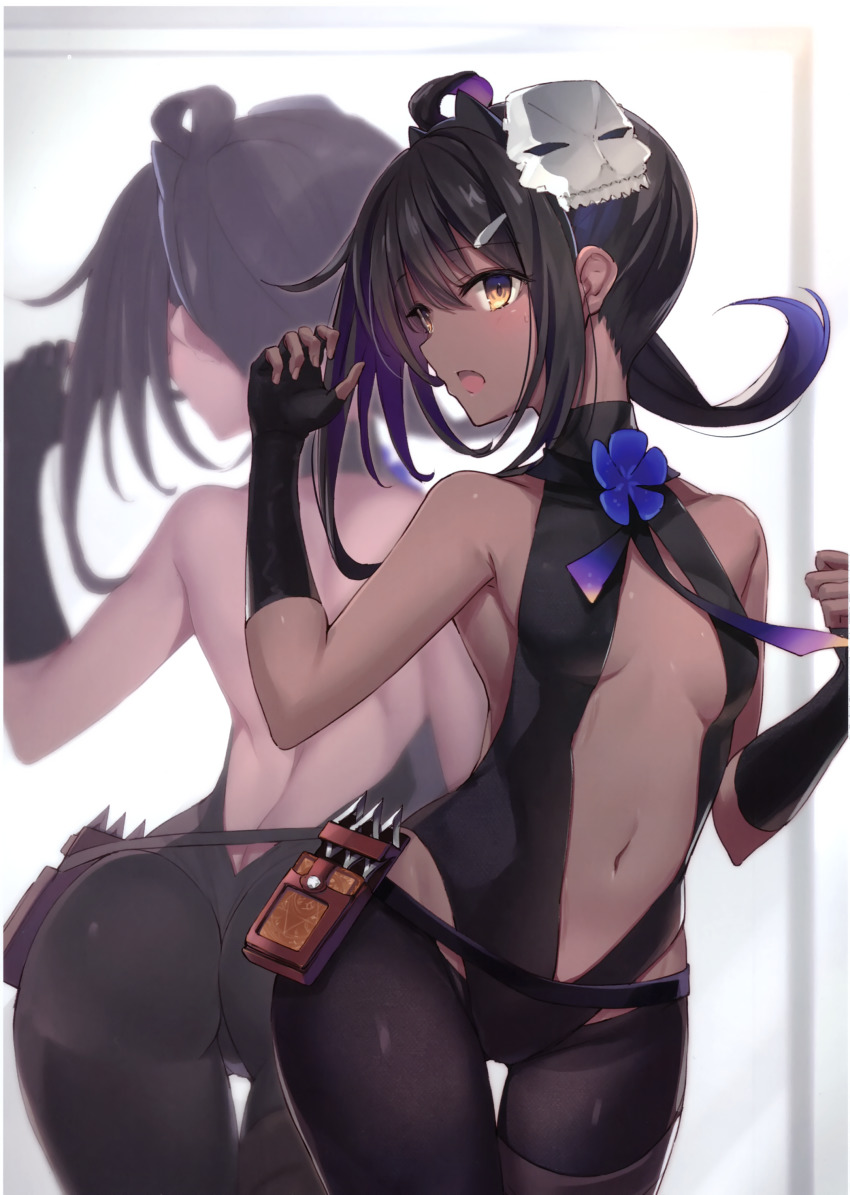 1girl, absurdres, alternate_skin_color, ass, backless_outfit, black_gloves, black_hair, bodysuit, breasts, center_opening, cosplay, cowboy_shot, dark-skinned_female, dark_skin, darkened_skin, fate/kaleid_liner_prisma_illya, fate_(series), female_focus, fingerless_gloves, flower, gloves, hair_ornament, hairclip, halterneck, hassan_of_serenity_(fate), hassan_of_serenity_(fate)_(cosplay), highres, mask, mask_on_head, mirror, miyu_edelfelt, miyu_edelfelt_(assassin_install), nanananana, navel, non-web_source, reflection, scan, side_ponytail, sidelocks, skull_mask, small_breasts, solo, sweatdrop, thigh_gap, yellow_eyes
