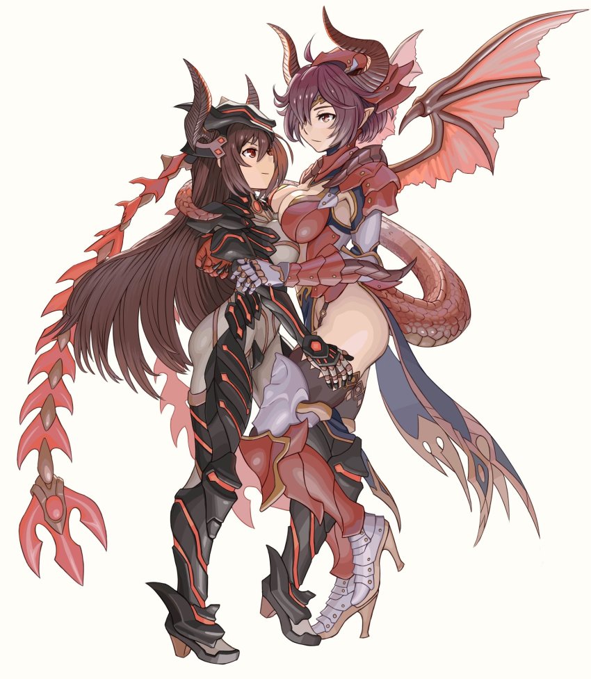 ahoge, arm_grab, armor, asymmetrical_docking, breast_press, brown_hair, dragon_girl, dragon_horns