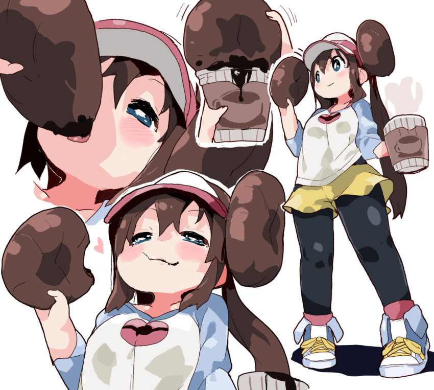1girl, :3, black_pantyhose, blue_eyes, blush, brown_hair, coffee, double_bun, eating, hair_bun, heart, long_hair, mossgreen, multiple_views, nintendo, pantyhose, pantyhose_under_shorts, pokemon, pokemon_black_2_and_white_2, raglan_sleeves, rosa_(pokemon), shirt, shoes, short_shorts, shorts, sneakers, standing, torogao, twintails, very_long_hair, visor_cap, what, yellow_shorts