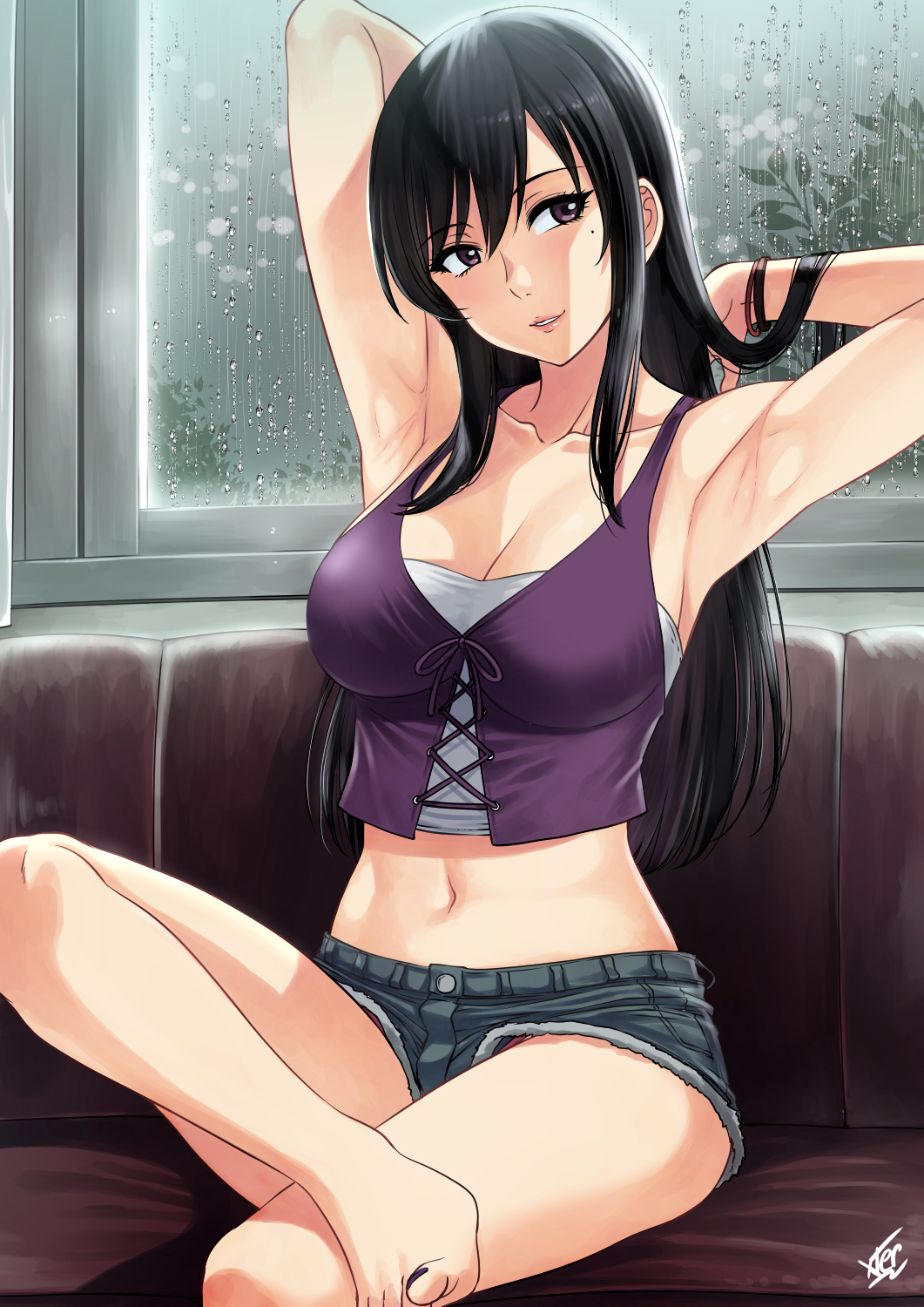 1girl, armpits, arms_up, bad_id, bad_pixiv_id, barefoot, black_hair, breasts, cleavage, collarbone, couch, crop_top, denim, denim_shorts, female_focus, hair_between_eyes, head_tilt, highres, indoors, large_breasts, long_hair, looking_at_viewer, looking_to_the_side, midriff, mole, mole_under_eye, nail_polish, navel, parted_lips, purple_eyes, purple_vest, rain, short_shorts, shorts, sitting, smile, solo, strapless, suga_natsumi, tenki_no_ko, toenail_polish, toenails, tube_top, vest, window, xter