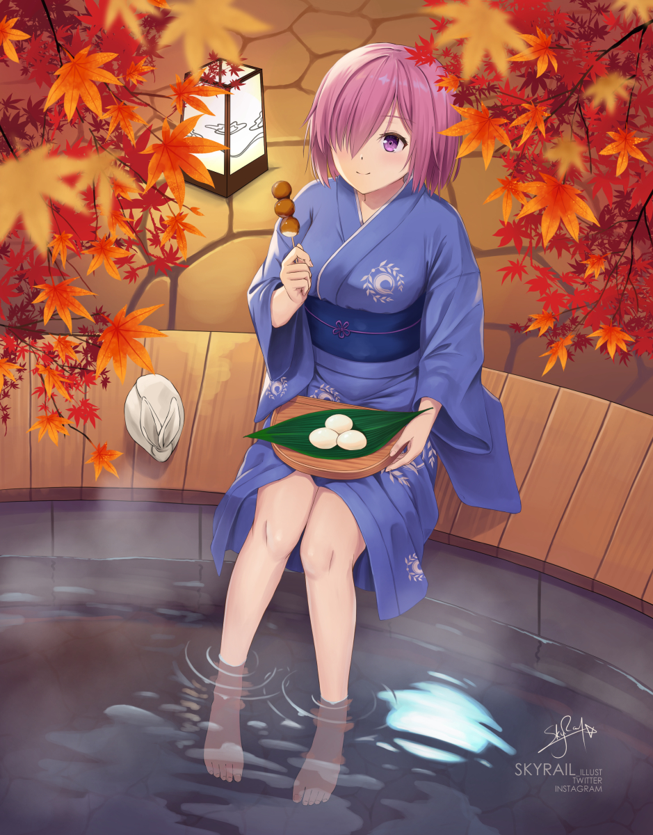 1girl, autumn_leaves, barefoot, blush, breasts, commentary_request, fate/grand_order, fate_(series)