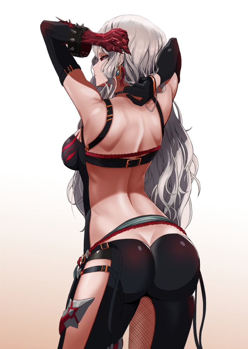 1girl, ass, bad_id, bad_pixiv_id, bare_shoulders, belt, breasts, butt_crack