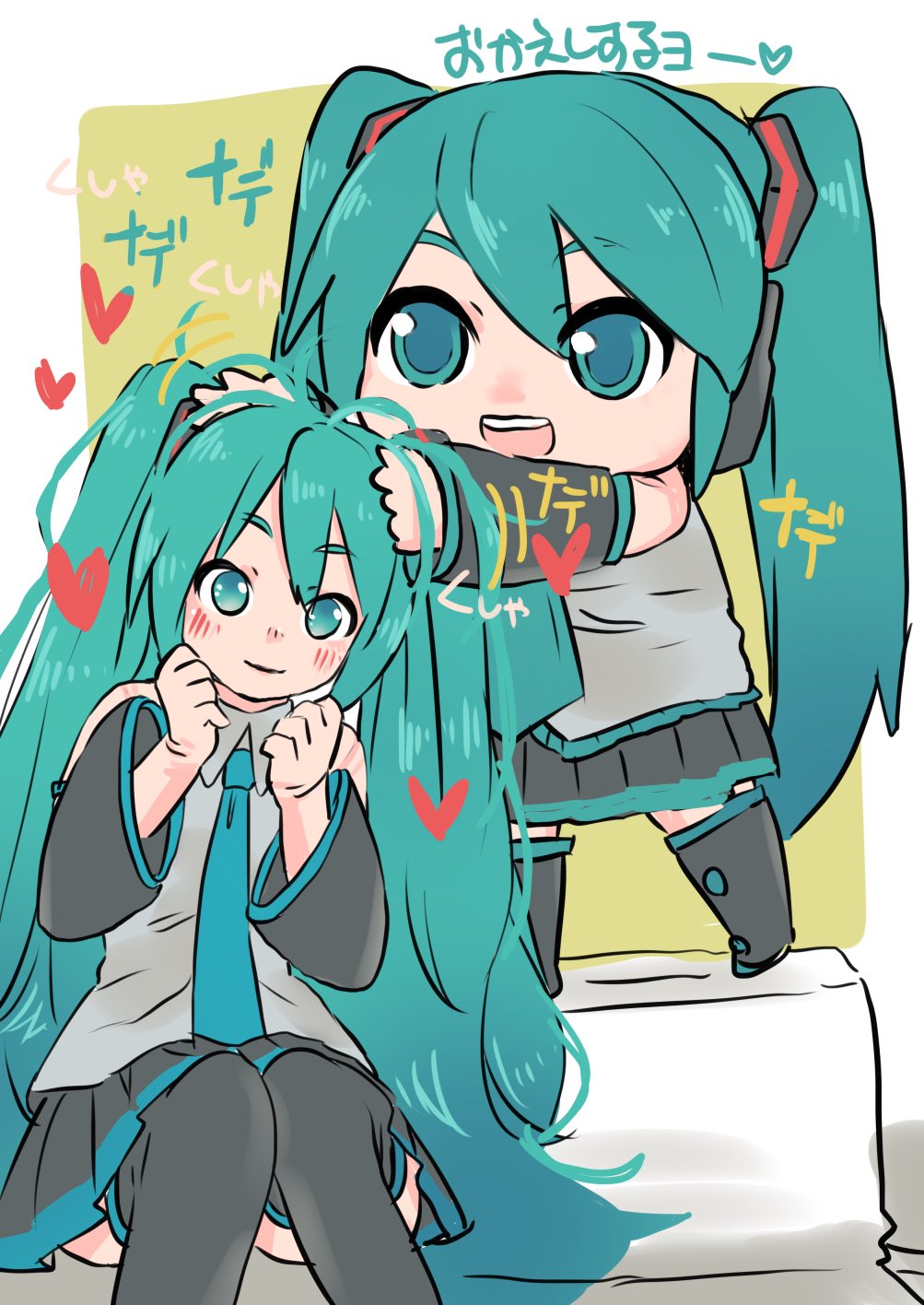 2girls, aqua_eyes, aqua_hair, aqua_necktie, bare_shoulders, black_legwear, black_skirt, commentary