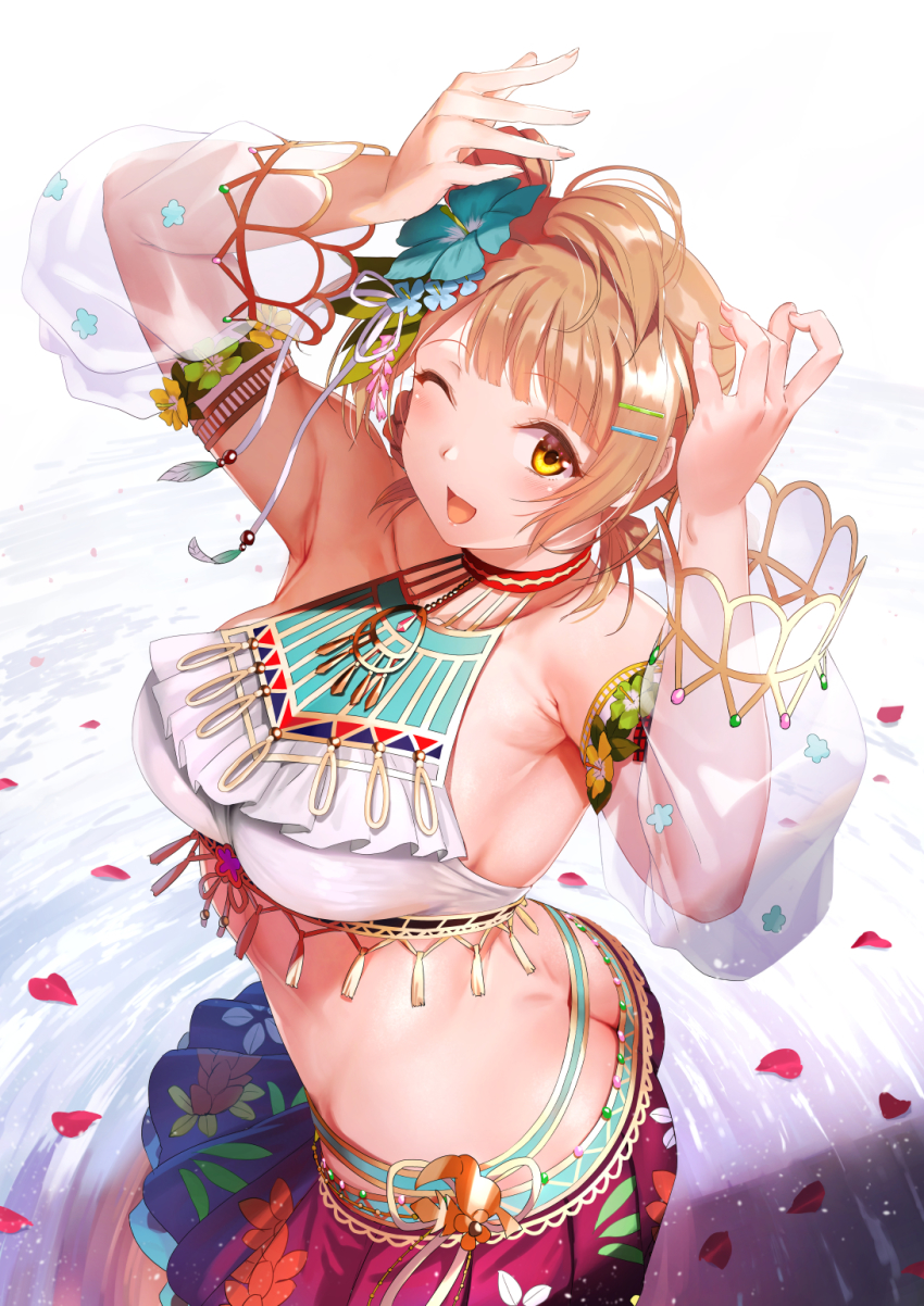 1girl, aqua_flower, artist_name, artist_request, ass, bare_shoulders, bikini, blue_skirt, blush, breasts, brown_eyes, brown_hair, butt_crack, cleavage, female_focus, flower, frilled_bikini, frilled_skirt, frills, hair_flower, hair_ornament, hairclip, hands_over_head, highres, kitiroku, light_brown_hair, long_hair, love_live!, love_live!_school_idol_festival, love_live!_school_idol_project, medium_breasts, minami_kotori, nail_(hardware), nail_polish, ocean, one_eye_closed, petals, pink_nails, plant, red_flower, skirt, solo, swimsuit, twintails, vines, white_background, white_bikini