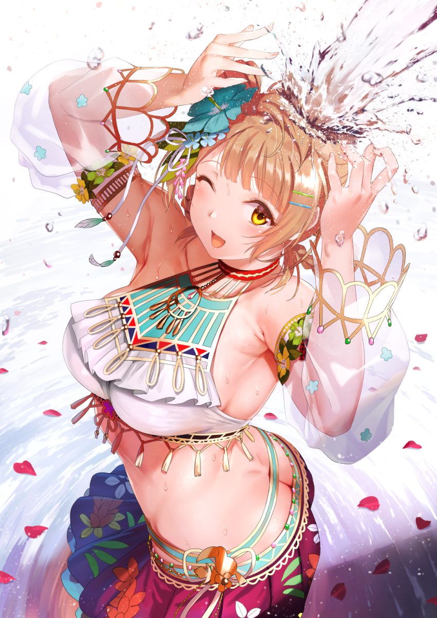1girl, aqua_flower, artist_name, artist_request, bare_shoulders, bikini, blue_skirt, blush, breasts, brown_eyes, brown_hair, butt_crack, cleavage, female_focus, flower, frilled_bikini, frilled_skirt, frills, hair_flower, hair_ornament, hairclip, hands_over_head, highres, kitiroku, light_brown_hair, long_hair, love_live!, love_live!_school_idol_festival, love_live!_school_idol_project, medium_breasts, minami_kotori, nail_(hardware), nail_polish, ocean, one_eye_closed, petals, pink_nails, plant, red_flower, skirt, slashing, solo, splashing, swimsuit, twintails, vines, white_background, white_bikini