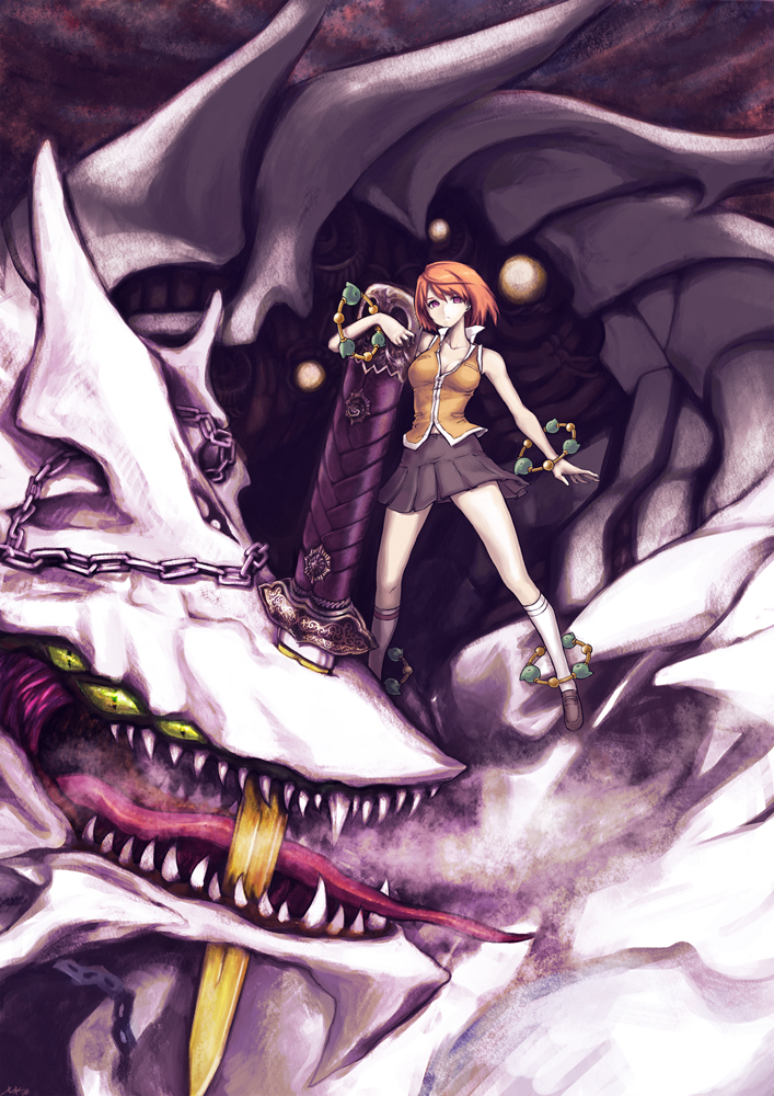 00s, 7h2o, dragon, flying, huge_weapon, kagutsuchi, knife, miniskirt, monster, my-hime, orange_hair, pink_eyes, pleated_skirt, school_uniform, short_hair, skirt, socks, solo, sword, tokiha_mai, weapon