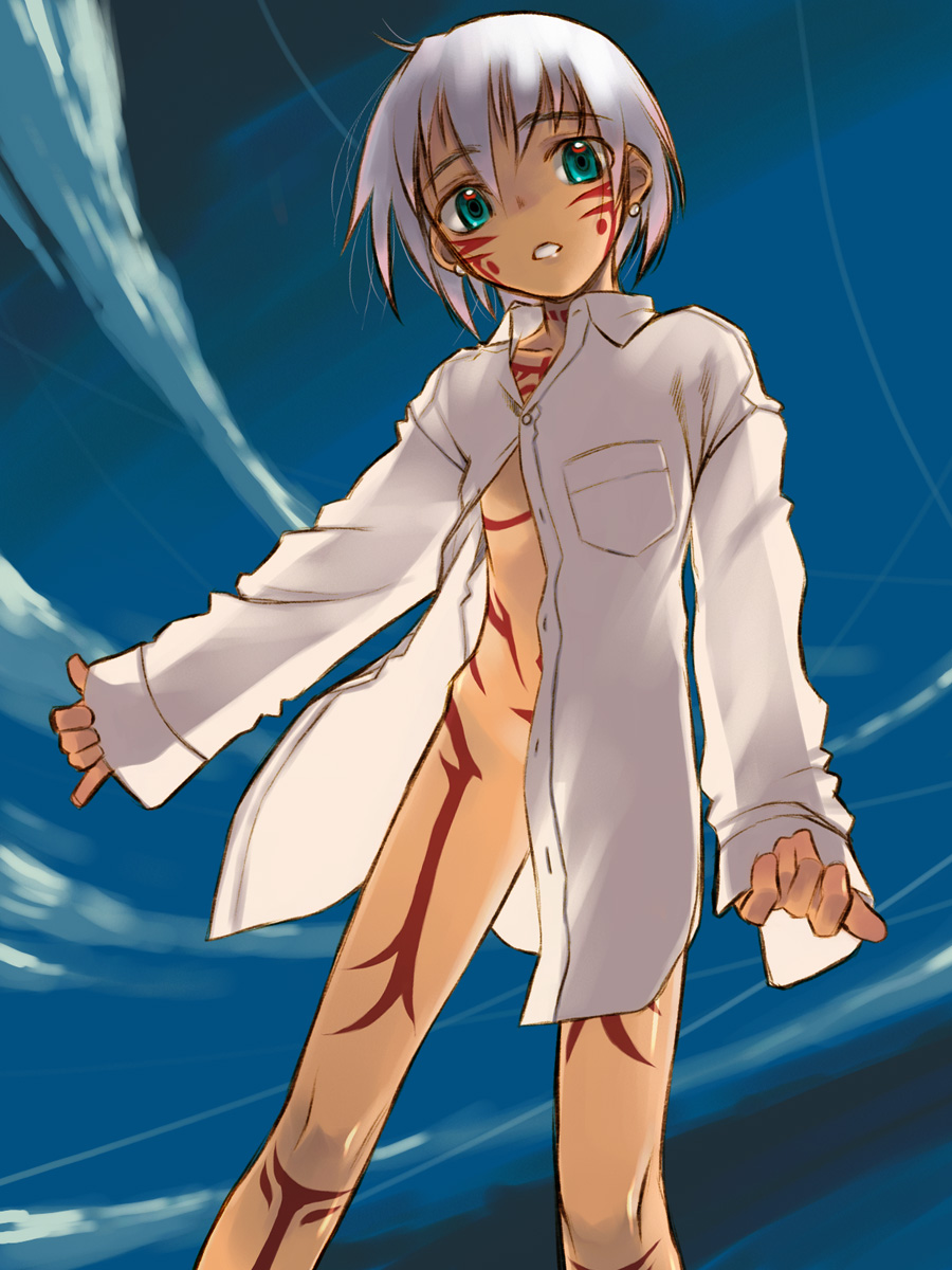 1girl, aqua_eyes, bad_id, bad_pixiv_id, bodypaint, dress_shirt, facepaint, female_focus, full-body_tattoo, grey_hair, highres, irezumi-san_(ozka), nakamura_tetsuya, naked_shirt, no_bra, no_panties, open_clothes, open_shirt, original, shirt, short_hair, solo, tattoo