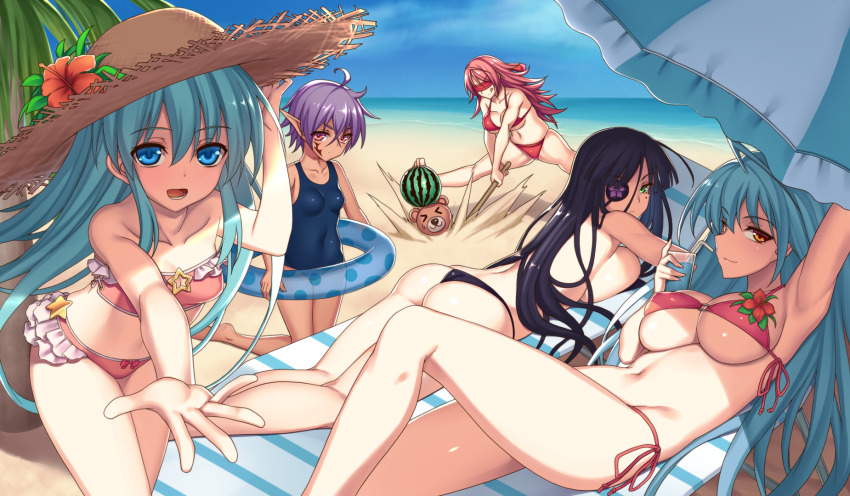 5girls, ahoge, arm_up, asa_(xametaler), ass, azami_(sennen_sensou_aigis), beach, beach_towel