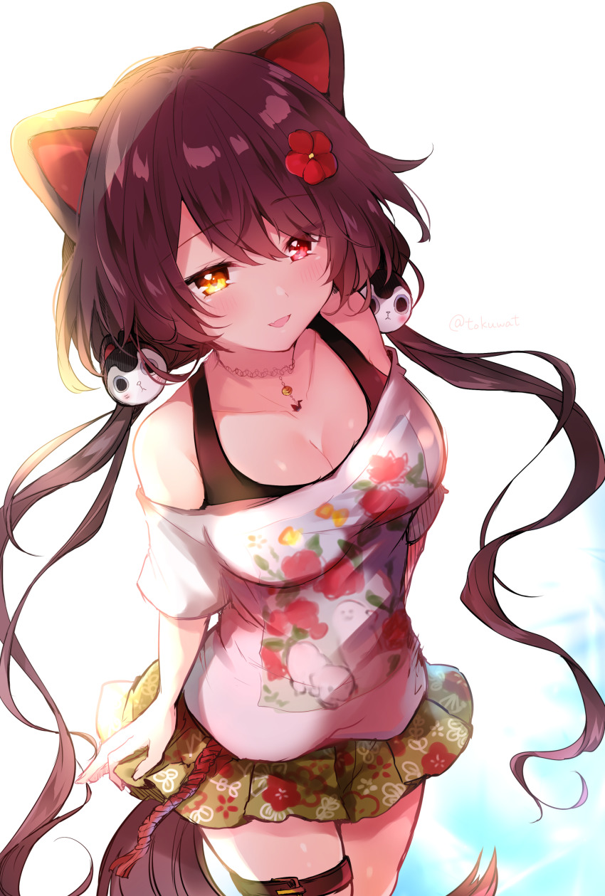 1girl, :d, absurdres, animal_ears, backlighting, bell, blush, breasts, brown_eyes, brown_hair, cleavage, collarbone, commentary_request, dog_ears, dog_girl, dog_hair_ornament, dog_tail, fang, female_focus, floral_print, flower, fukunoki_tokuwa, green_skirt, hair_between_eyes, hair_flower, hair_ornament, heterochromia, highres, inui_toko, inui_toko_(summer_casual), jingle_bell, long_hair, looking_at_viewer, low_twintails, medium_breasts, nijisanji, off-shoulder_shirt, off_shoulder, open_mouth, pleated_skirt, print_skirt, red_eyes, red_flower, shirt, short_sleeves, simple_background, skirt, smile, solo, tail, twintails, twitter_username, very_long_hair, virtual_youtuber, white_background, white_shirt
