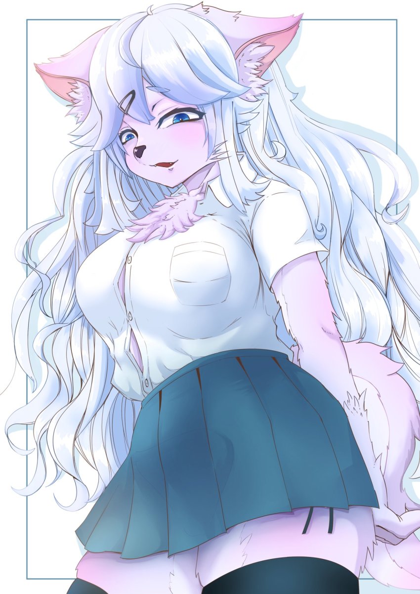 1girl, blue_eyes, chikarasox, female_focus, furry, furry_female, highres, long_hair, school_uniform, solo, white_hair