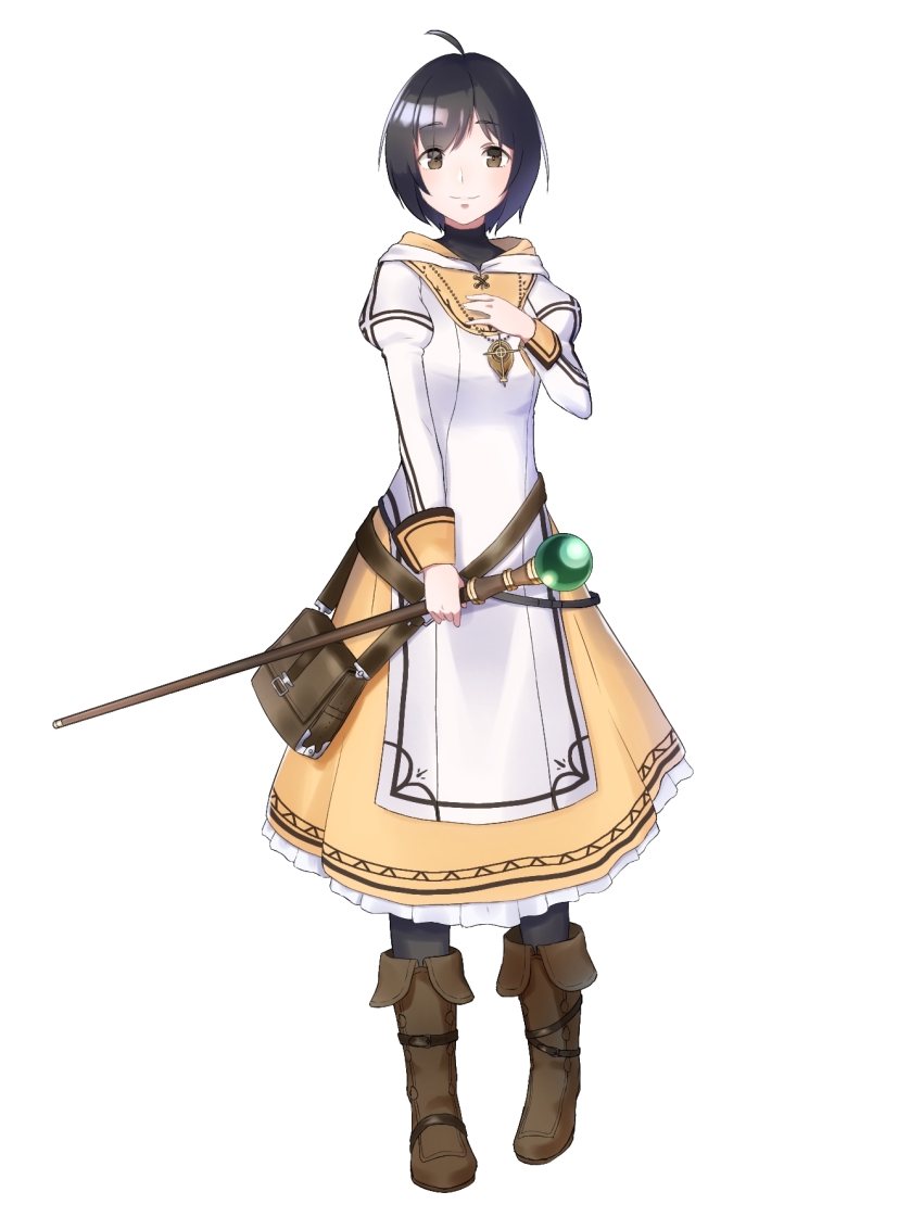 1girl, ahoge, bag, belt, black_hair, boots, brown_eyes, dress