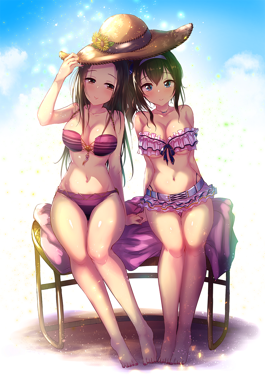 2girls, bench, bikini, black_hair, blue_eyes, blue_sky, breasts, brown_eyes, cleavage, cloud, frilled_bikini, frills, full_body, hairband, hat, highres, idolmaster, idolmaster_cinderella_girls, kara_(color), large_breasts, long_hair, looking_at_viewer, multiple_girls, pink_bikini, red_bikini, sagisawa_fumika, sena_shiori_(idolmaster), shared_hat, sitting, sky, sun_hat, swimsuit, white_hairband