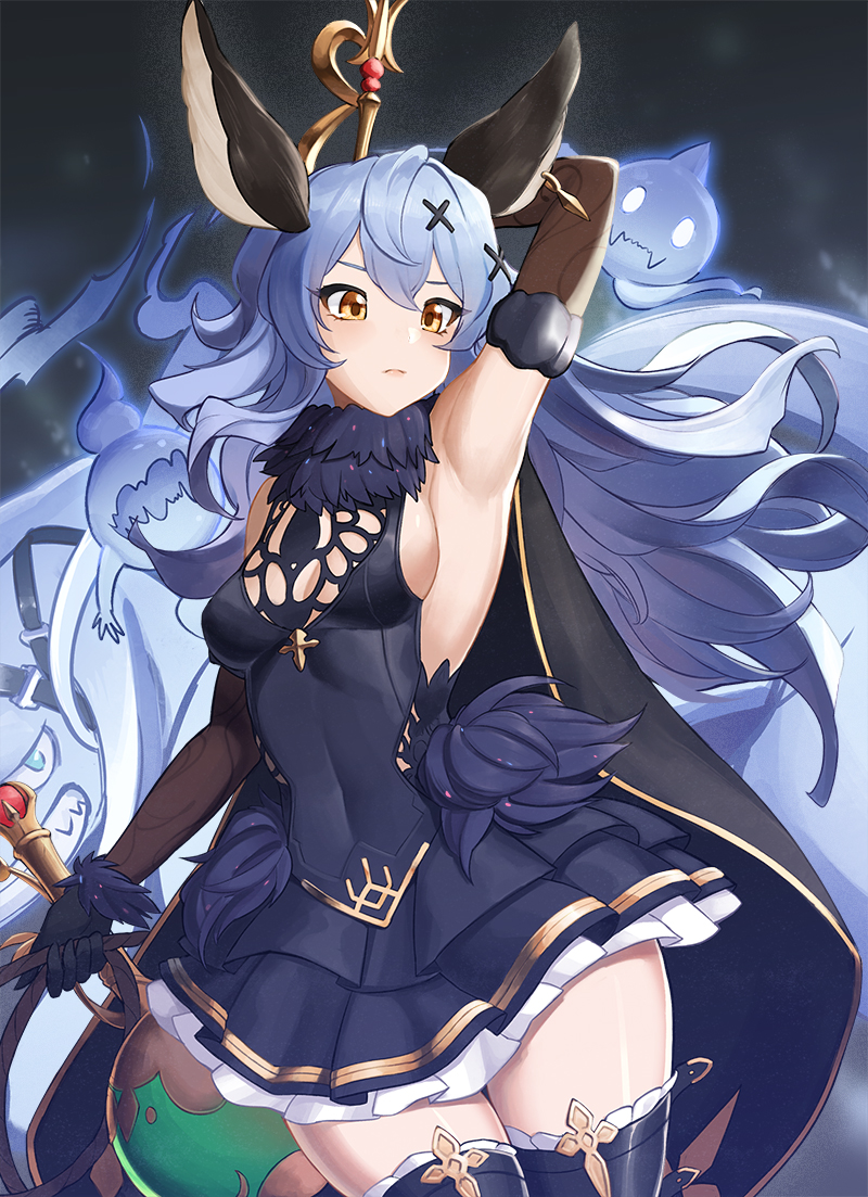 1girl, animal_ears, arm_behind_head, armpits, blue_dress, blue_hair, breasts, cowboy_shot, curly_hair, dress, elbow_gloves, erune, expressionless, female_focus, ferry_(granblue_fantasy), fugee_(granblue_fantasy), ghost, gloves, gooak, granblue_fantasy, hair_ornament, holding, holding_whip, long_hair, looking_at_viewer, medium_breasts, momo_(granblue_fantasy), nicola_(granblue_fantasy), solo, thighhighs, very_long_hair, x_hair_ornament, yellow_eyes